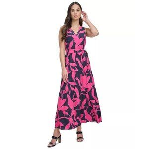 139$ DKNY Women's V-Neck Fit & Flare Midi Dress Sleeveless Size 2 Navy Blue Pink